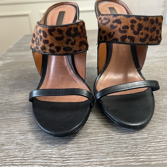 40-Schultz Black Leather and Leopard Stiletto Sandals Size: 8 Med. - Picture 6 of 12